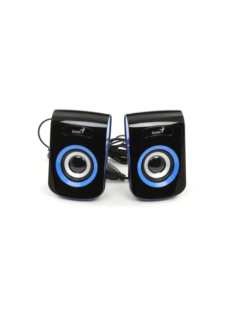 جينيس مكبر صوت ستيريو Genius SP-Q180 عالي الصوت، يعمل بمنفذ USB، ثنائي القنوات، متعدد الوسائط، مزود بمقبس صوت 3.5 ملم، مكبرات صوت مكتبية صغيرة الحجم تعمل بمنفذ USB لأجهزة الكمبيوتر الشخصية والمحمولة والأجهزة اللوحية والهواتف المحمولة - أسود/أزرق - Image 2